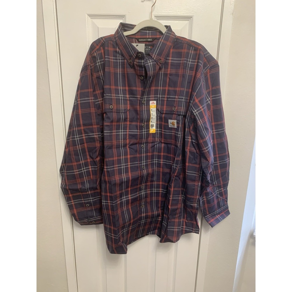 NWT Carhartt FR Force Rugged Flex Loose Fit Men's Plaid Shirt Blue Red XL